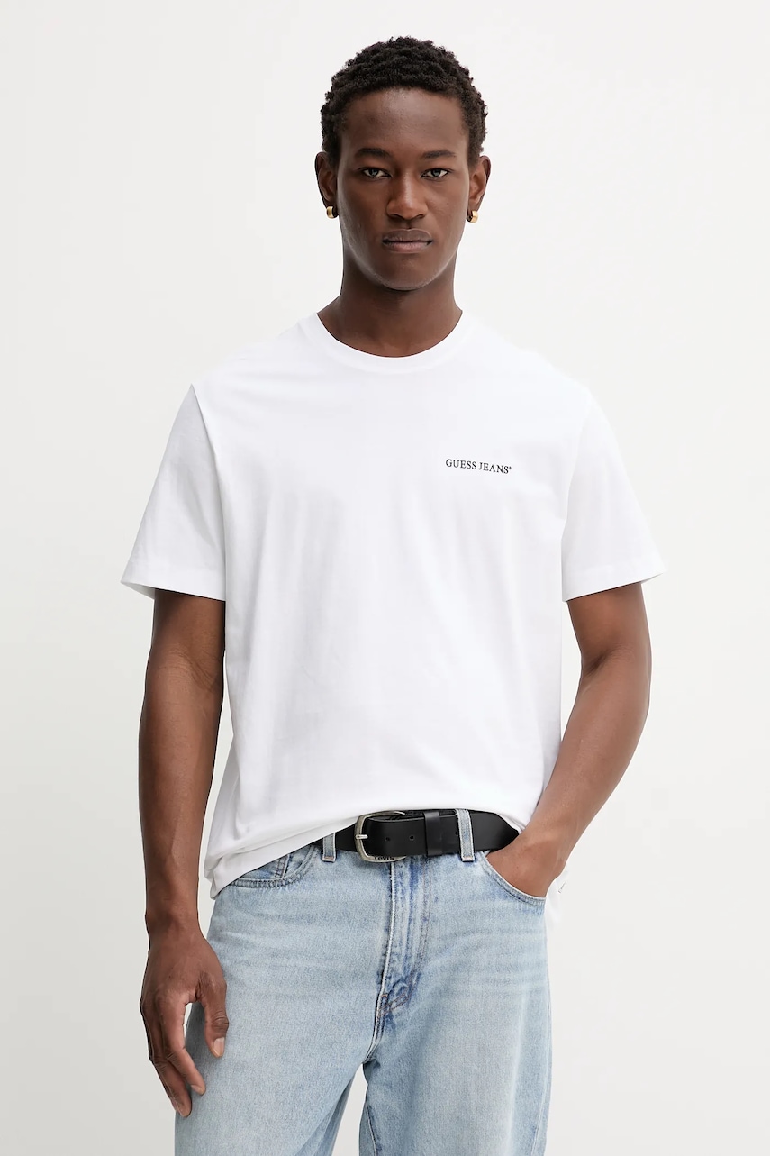 Bavlněné tričko Guess Jeans pánské, bílá barva, s potiskem, M5BI78 K8FQ4