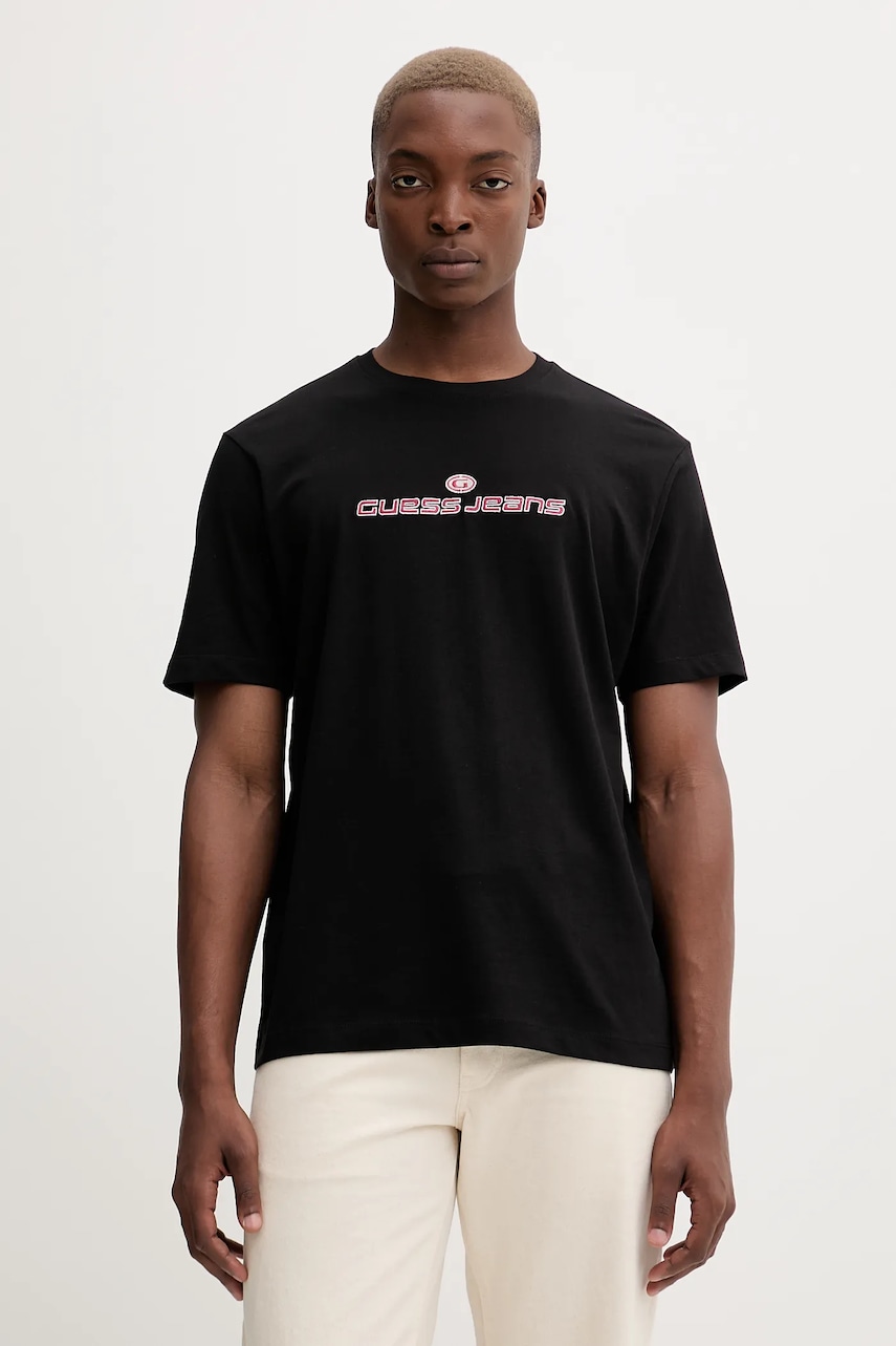 Bavlněné tričko Guess Jeans pánské, černá barva, s aplikací, M5BI38 K8FQ4