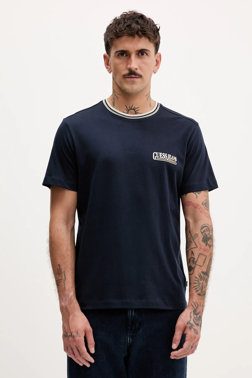 Bavlněné tričko Guess Jeans pánské, tmavomodrá barva, s potiskem, M5YI09 K8FQ4