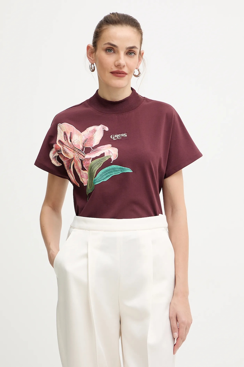 Bavlněné tričko Guess LILY dámské, vínová barva, W5BI16 I3Z14