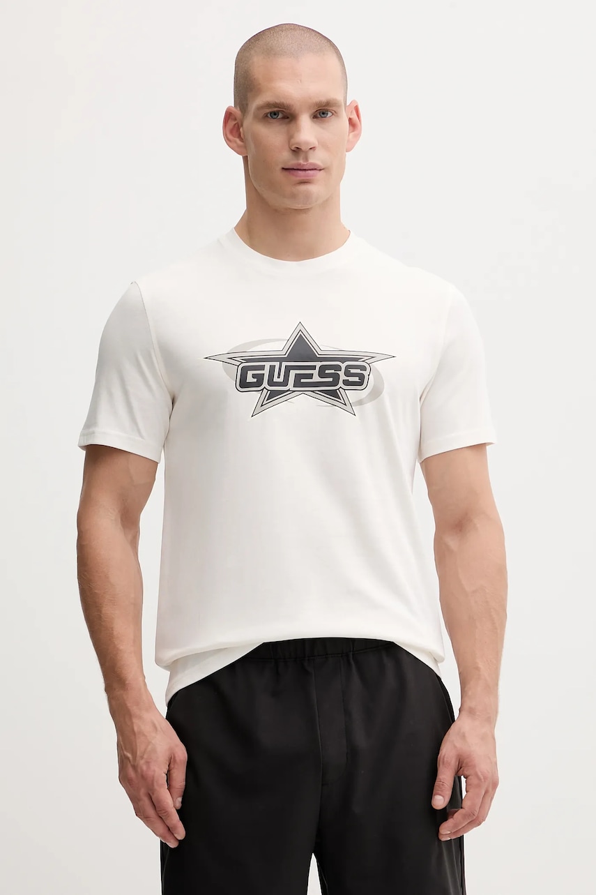 Bavlněné tričko Guess NELLO pánské, béžová barva, s potiskem, Z5YI02 I3Z14