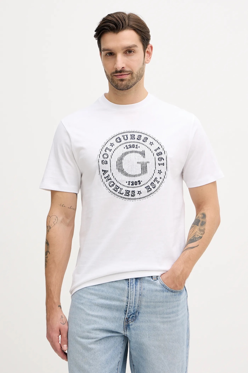 Bavlněné tričko Guess pánské, bílá barva, s aplikací, M5BI15 K8FQ4