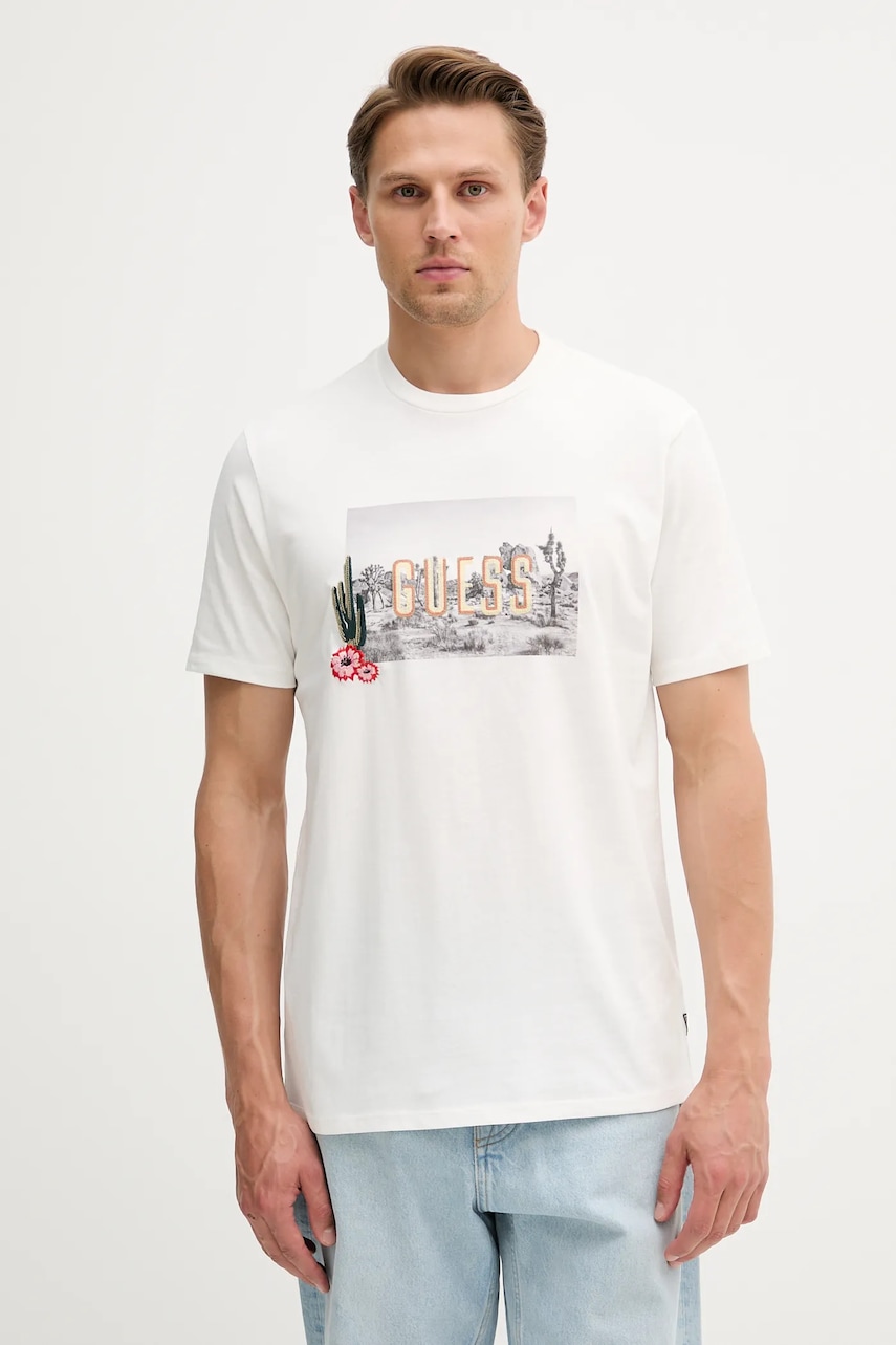 Bavlněné tričko Guess pánské, bílá barva, s potiskem, M5YI45 KBW41