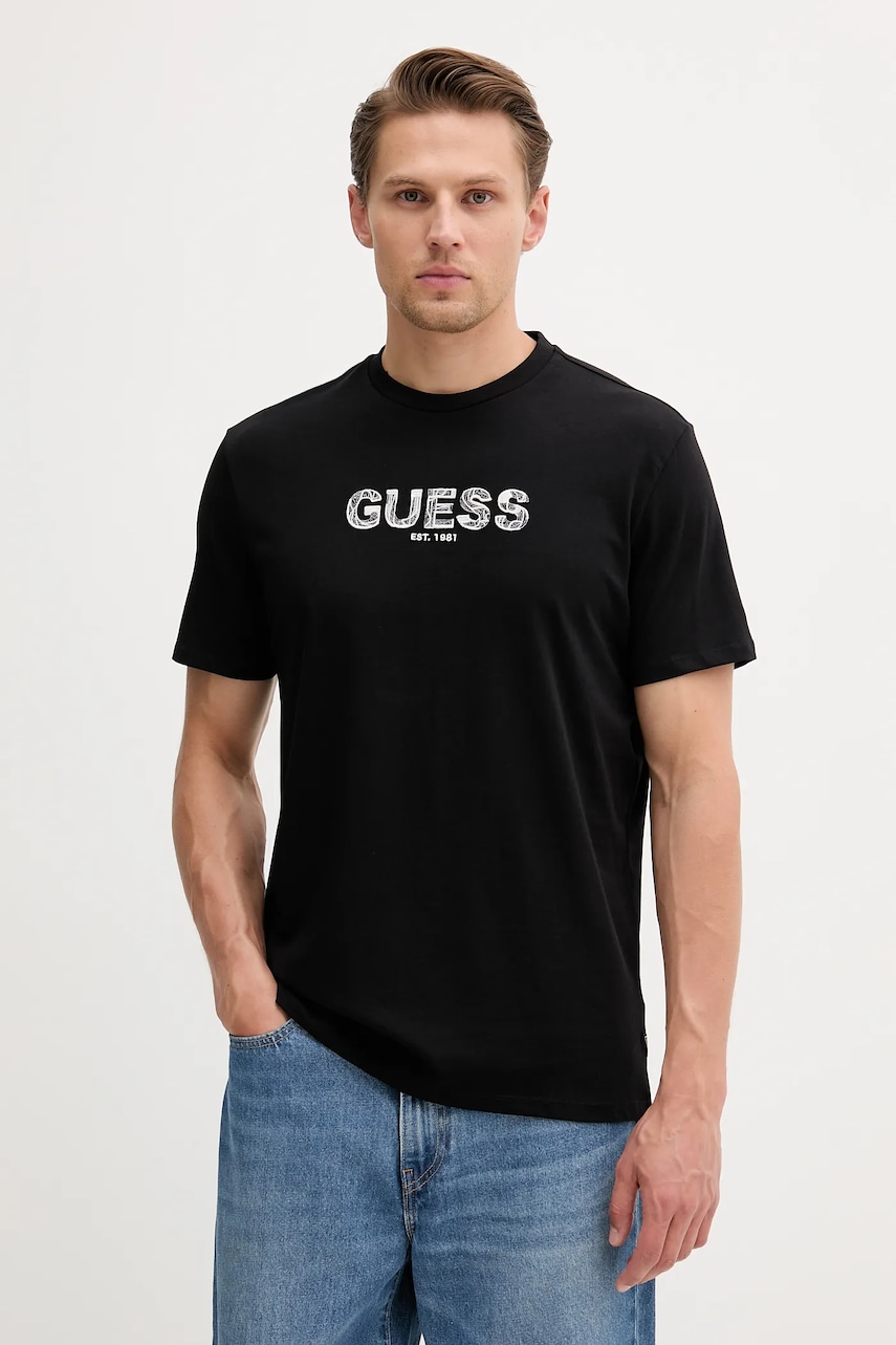 Bavlněné tričko Guess pánské, černá barva, s aplikací, M5YI41 KBW41