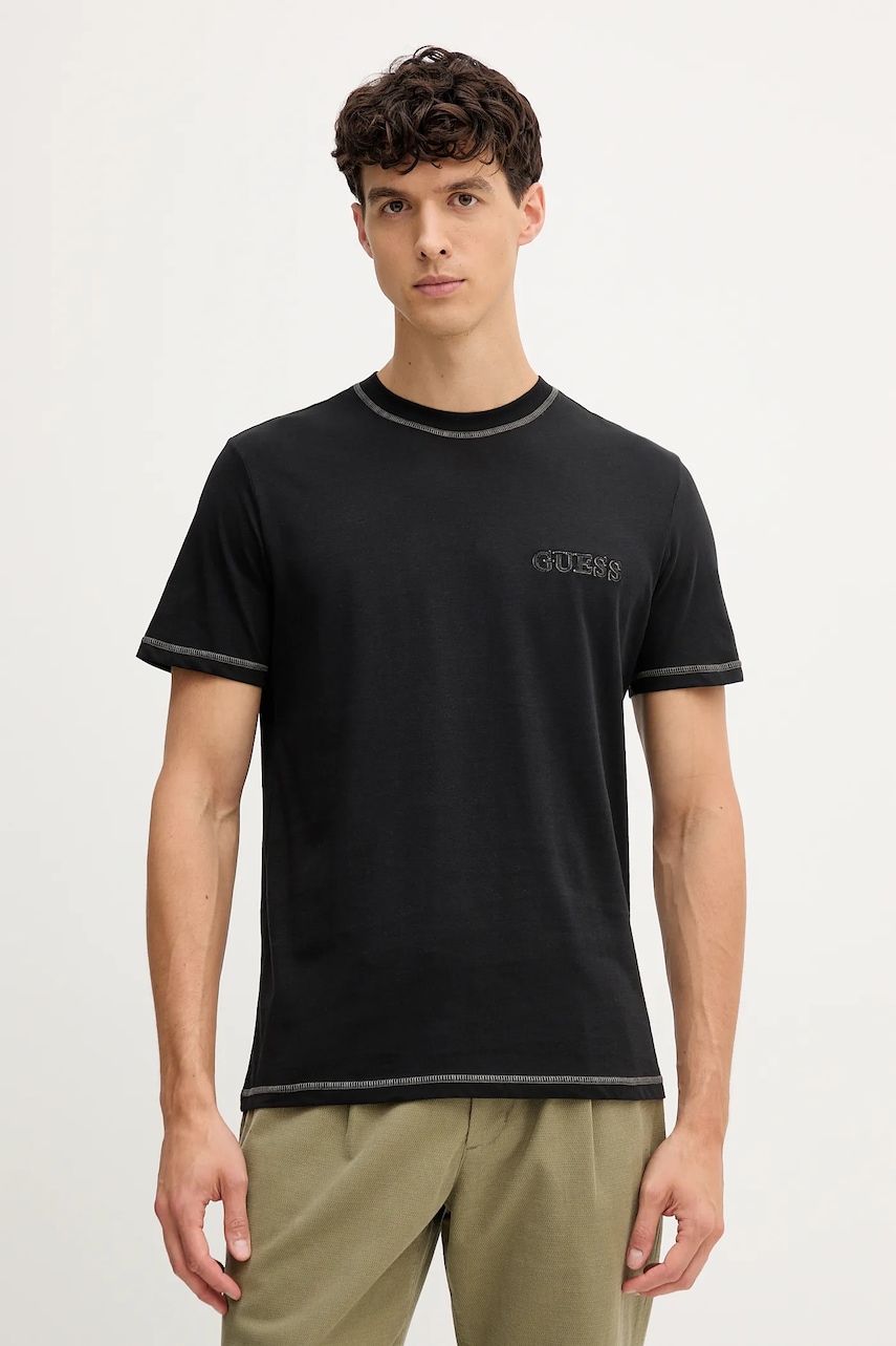 Bavlněné tričko Guess pánské, černá barva, s aplikací, U5RI01 KCAM1