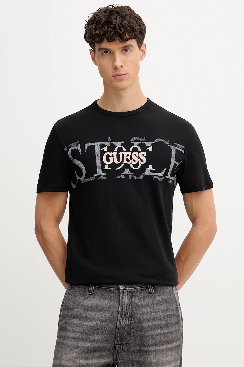 Bavlněné tričko Guess pánské, černá barva, s potiskem, M5YI14 I3Z14