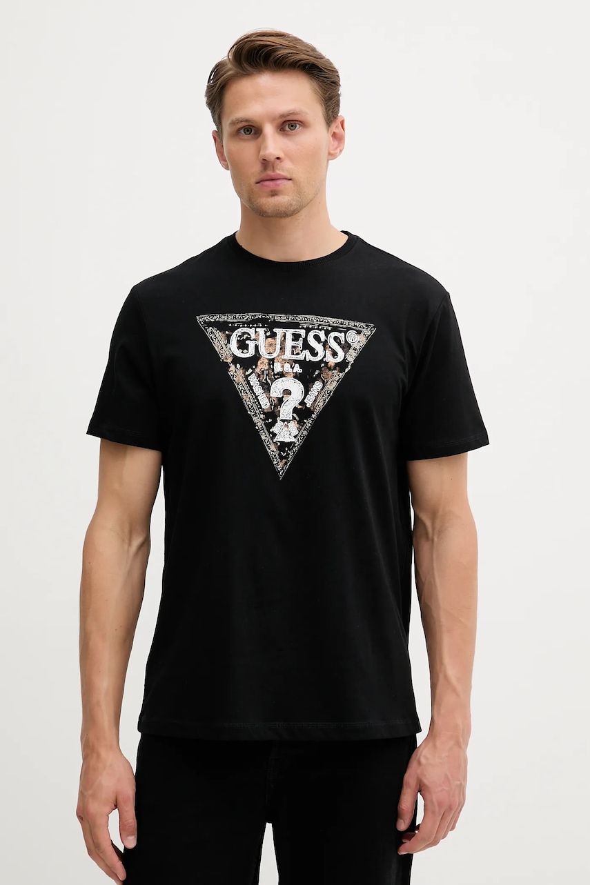 Bavlněné tričko Guess pánské, černá barva, s potiskem, M5YI15 I3Z14