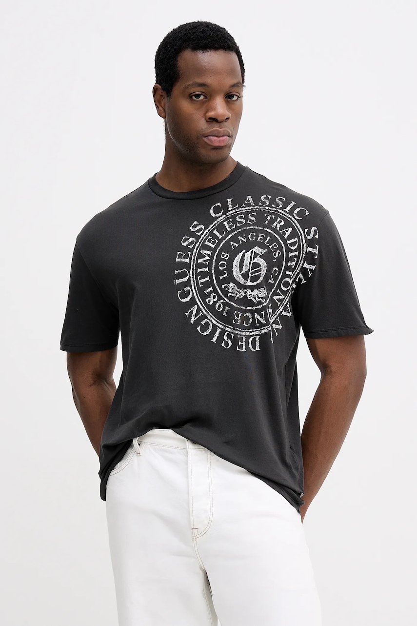 Bavlněné tričko Guess pánské, šedá barva, s potiskem, M5BI69 I3Z14