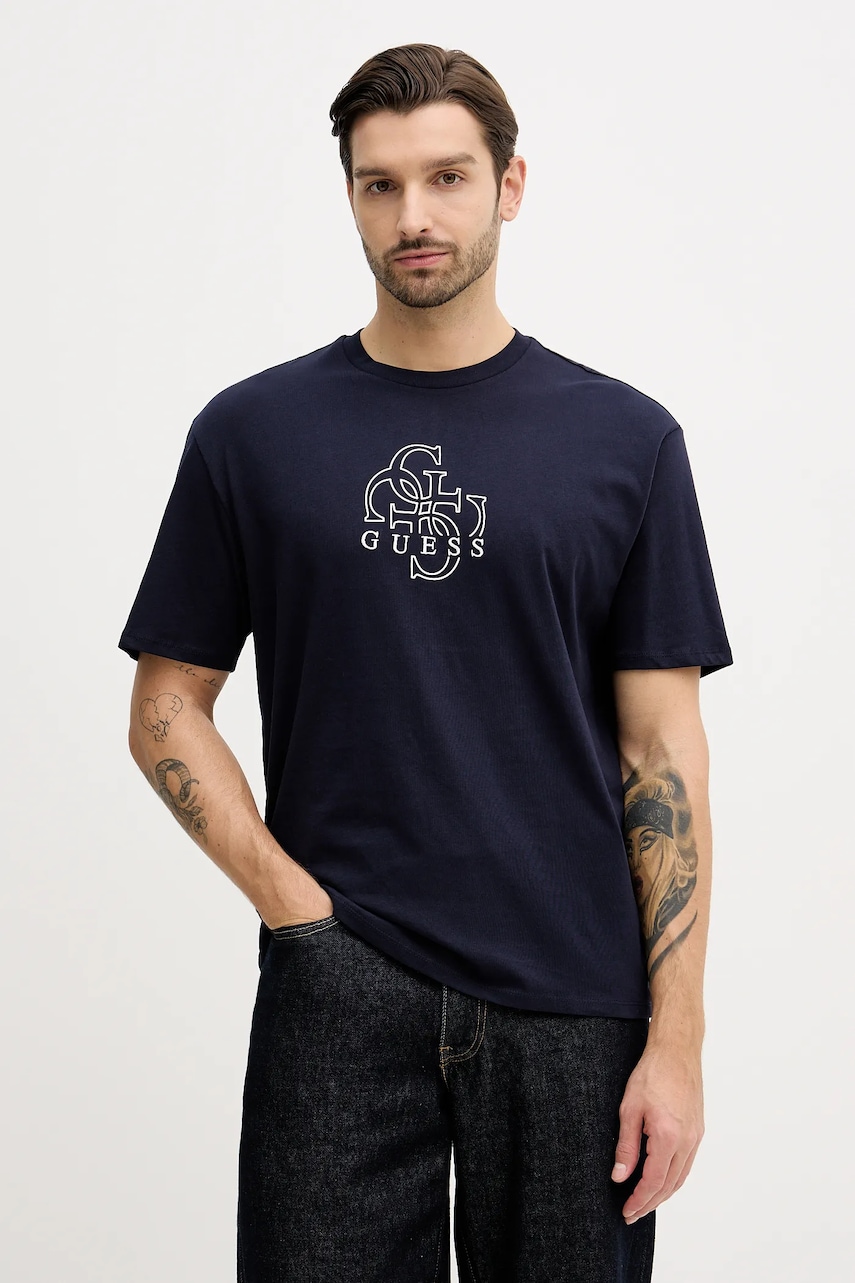 Bavlněné tričko Guess pánské, tmavomodrá barva, s potiskem, M5BI76 I3Z14