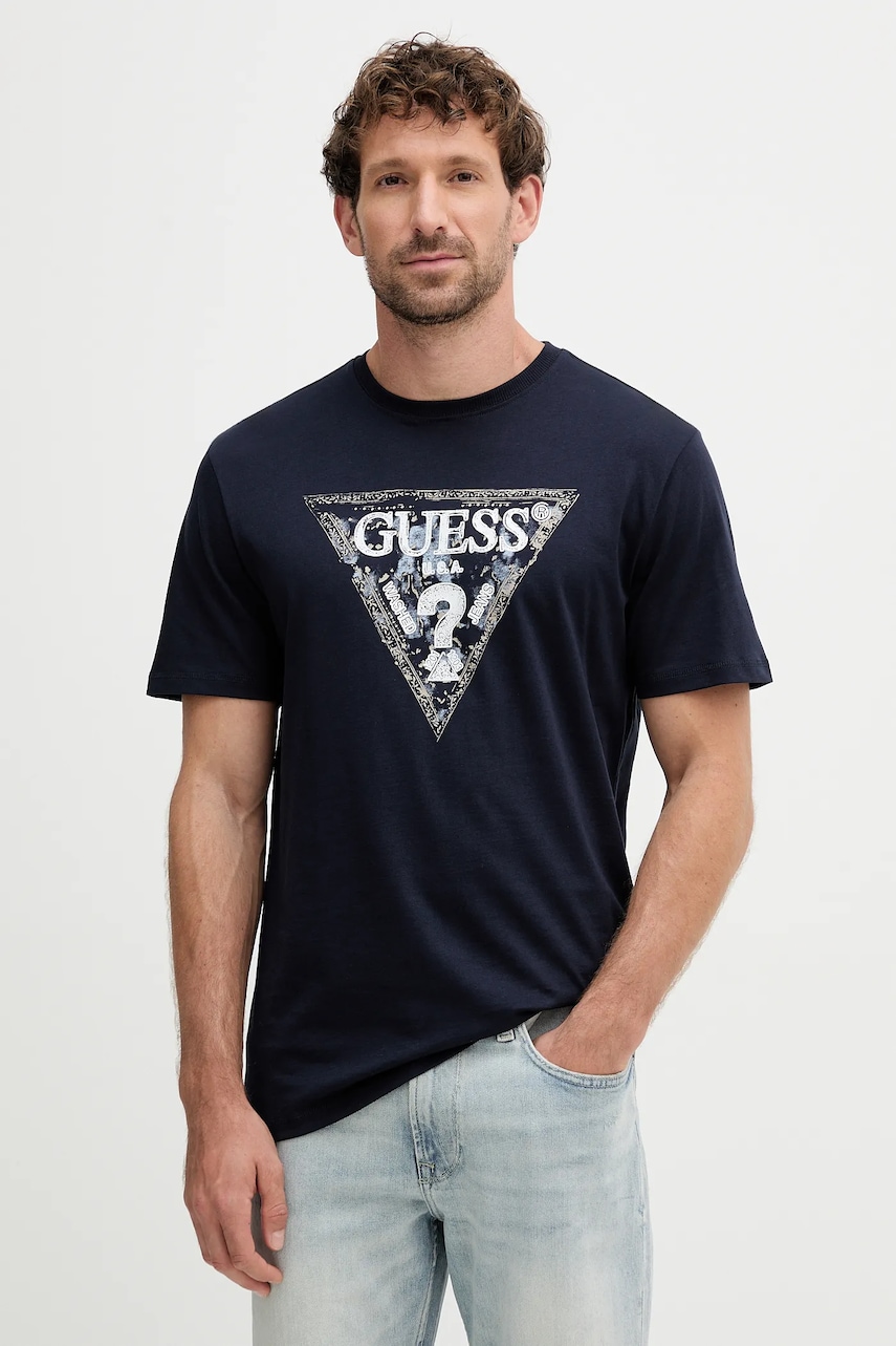 Bavlněné tričko Guess pánské, tmavomodrá barva, s potiskem, M5YI15 I3Z14
