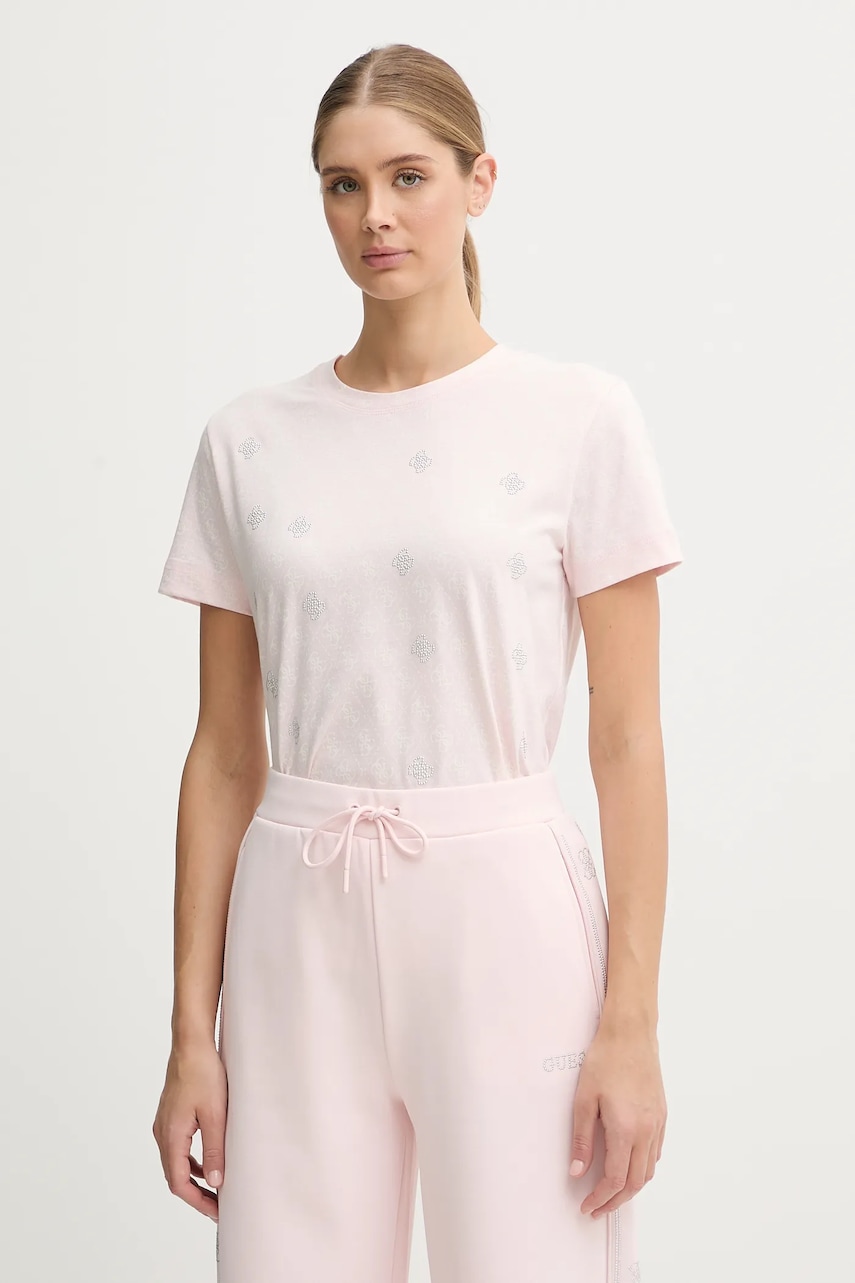 Bavlněné tričko Guess RHOMBUS dámské, růžová barva, V5BI14 I3Z14