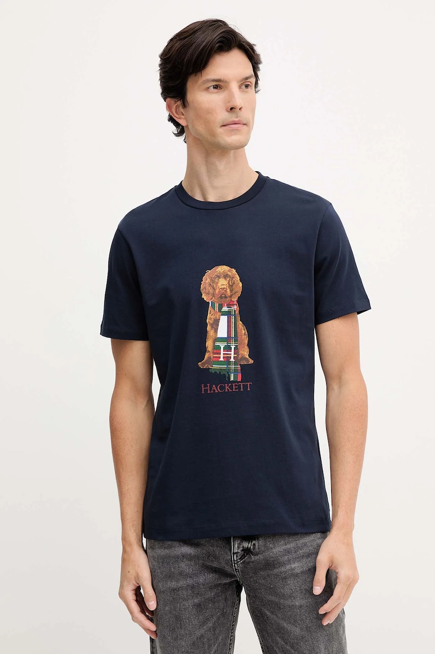 Bavlněné tričko Hackett London pánské, tmavomodrá barva, s potiskem, HM5000022