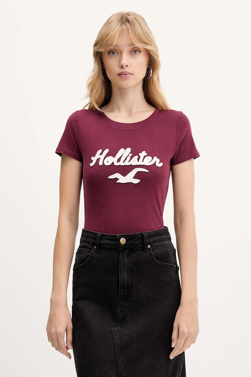 Bavlněné tričko Hollister Co. dámské, vínová barva, KI357-5016