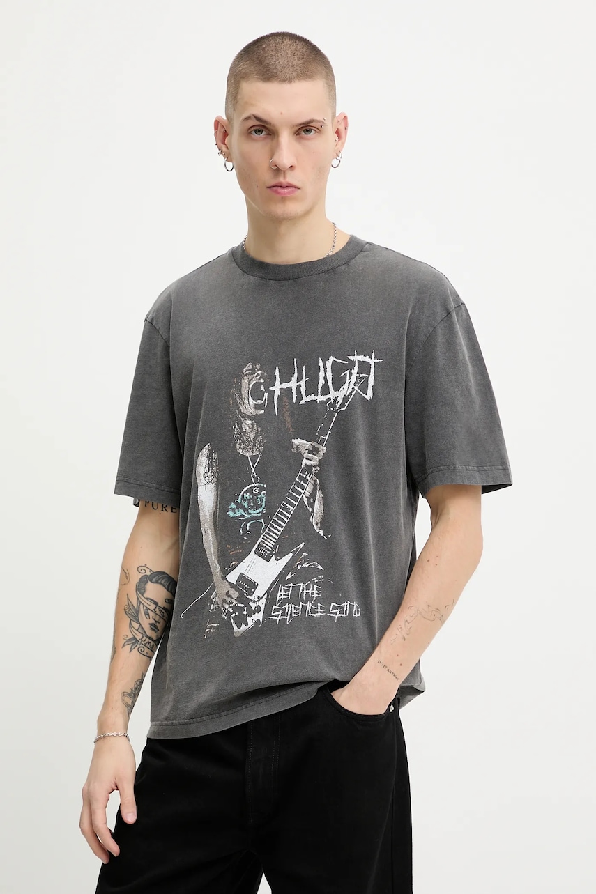 Bavlněné tričko Hugo Blue Noctornix pánské, šedá barva, s potiskem, 50554368