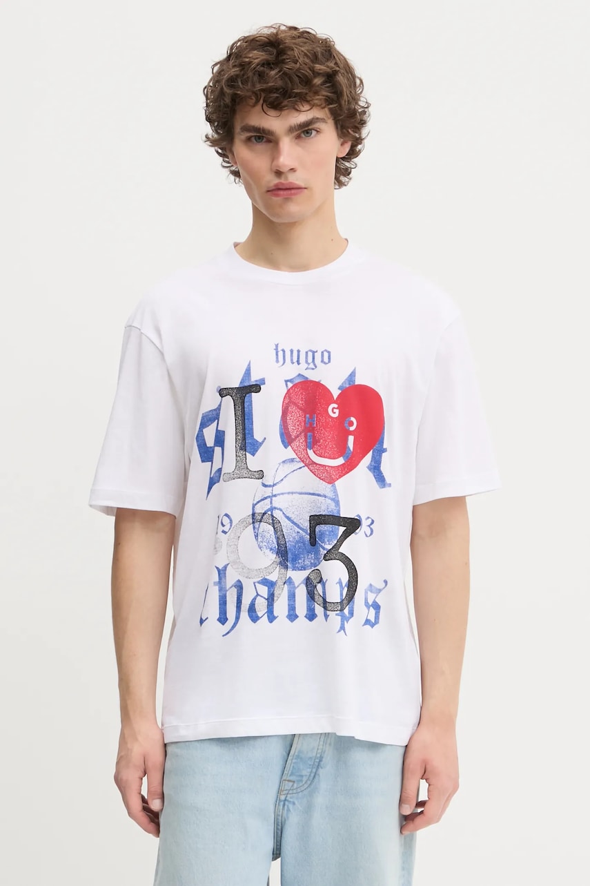 Bavlněné tričko Hugo Blue Notix pánské, bílá barva, s potiskem, 50543495