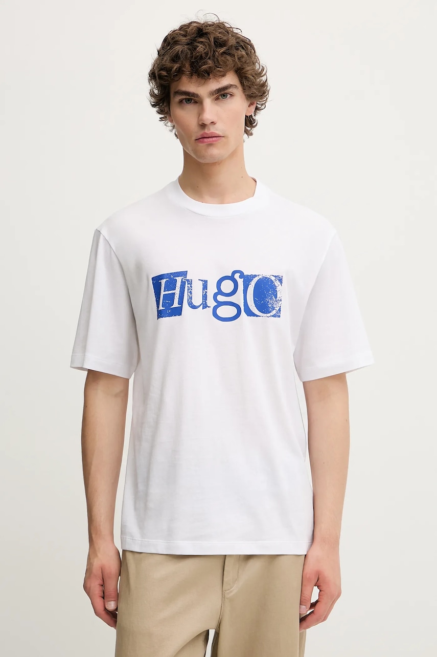 Bavlněné tričko Hugo Blue Nugix pánské, bílá barva, s potiskem, 50543485