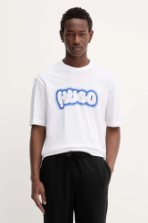 Bavlněné tričko Hugo Blue Nulibax pánské, bílá barva, s potiskem, 50549155