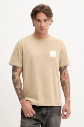 Bavlněné tričko HUGO Dapusi pánské, béžová barva, s potiskem, 50544458