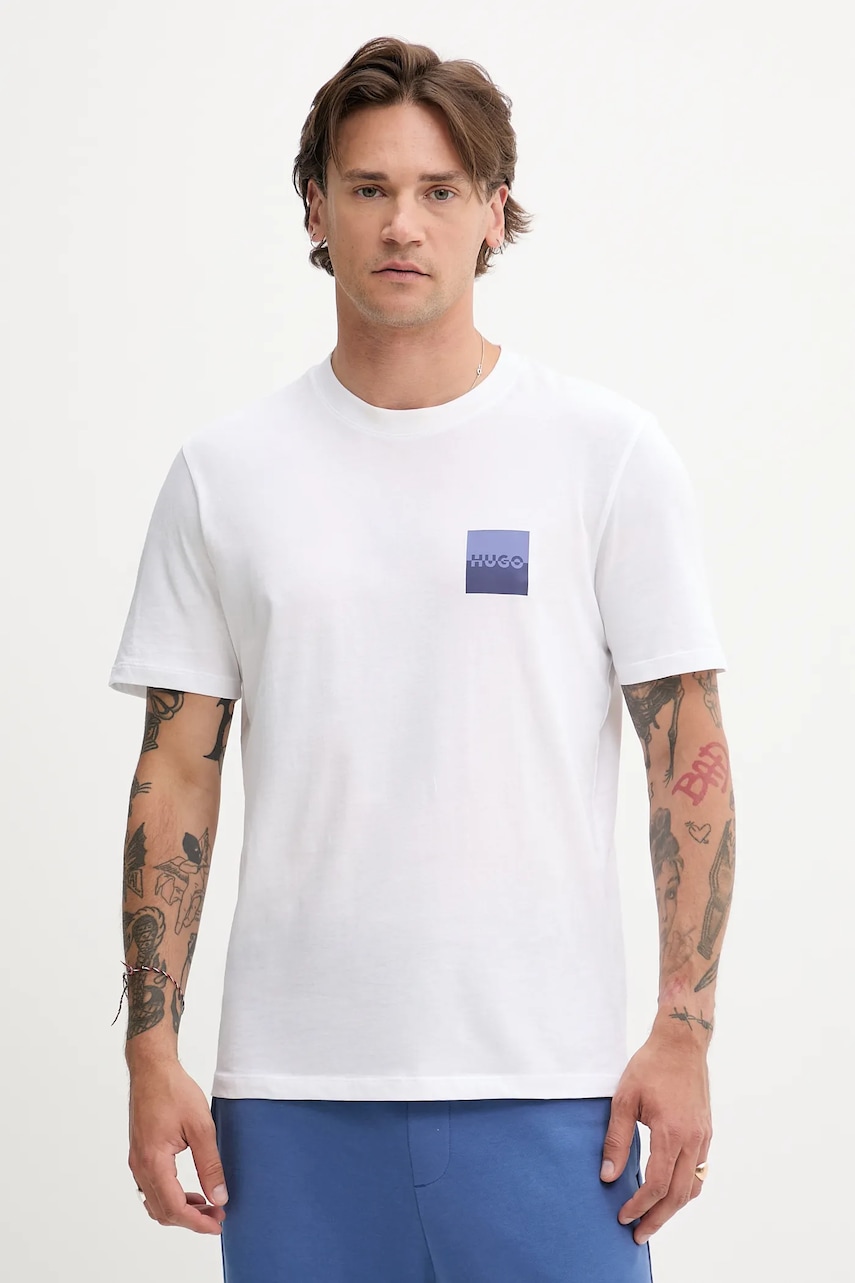 Bavlněné tričko HUGO Dapusi pánské, bílá barva, s potiskem, 50544458