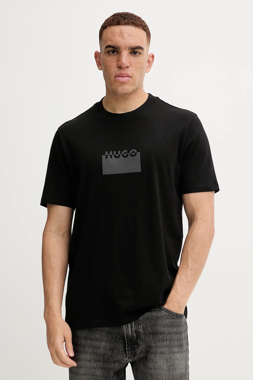 Bavlněné tričko HUGO Delastio pánské, černá barva, s potiskem, 50546867