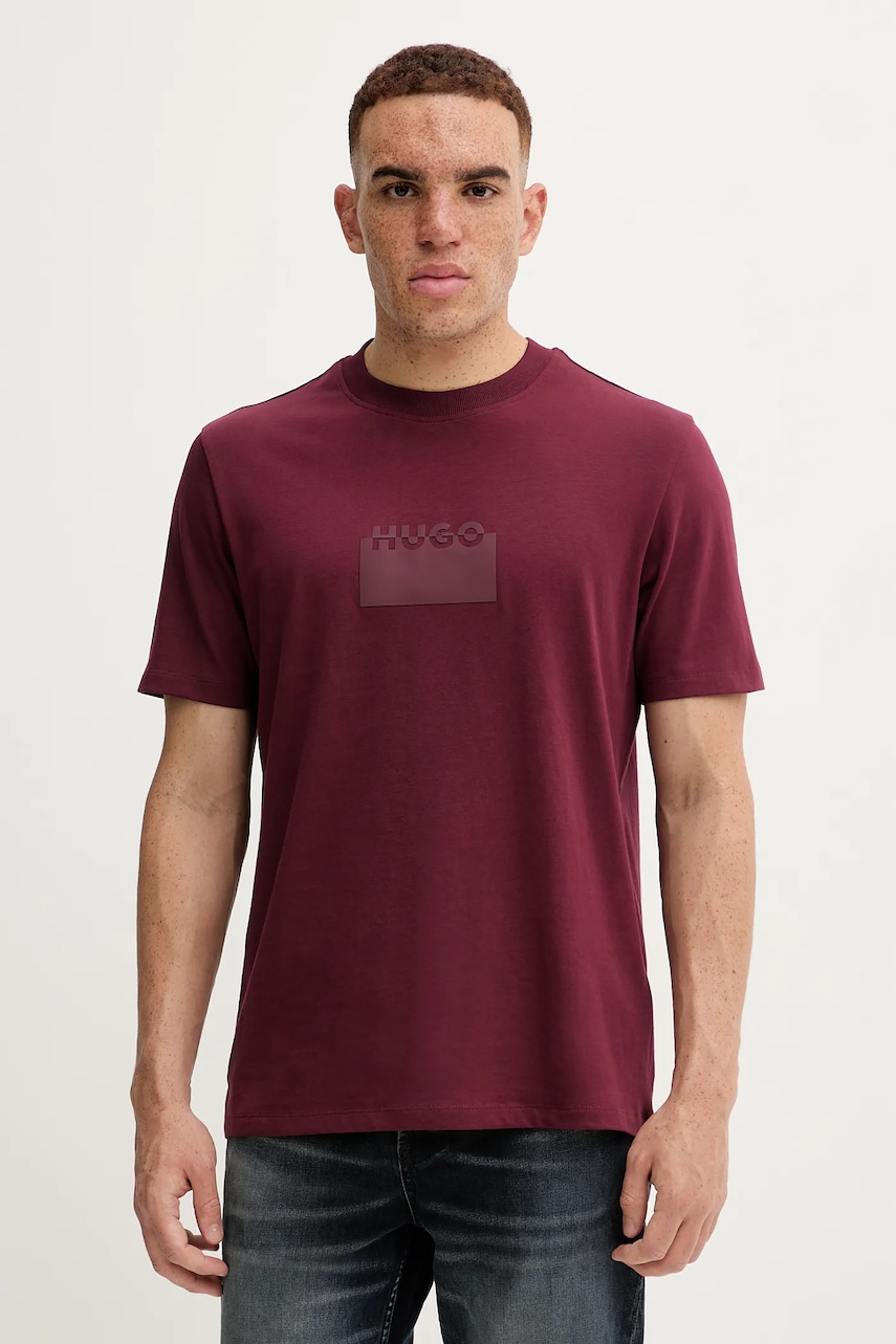 Bavlněné tričko HUGO Delastio pánské, vínová barva, s potiskem, 50546867