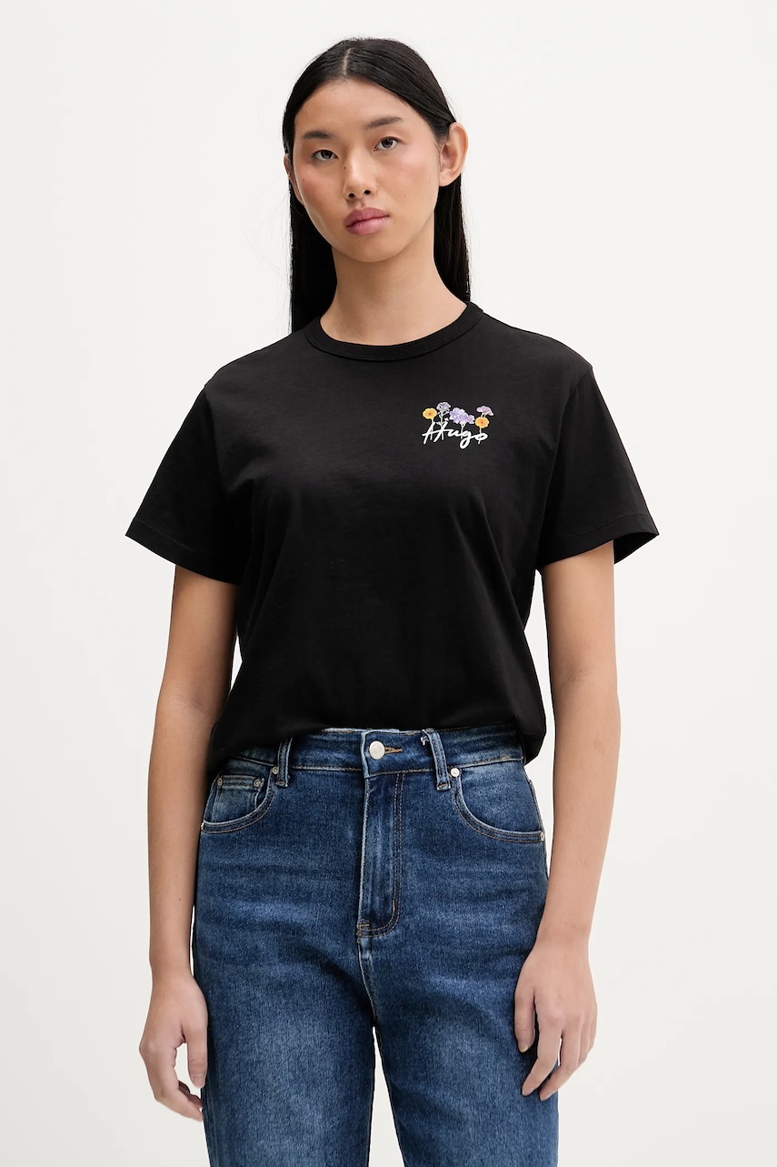 Bavlněné tričko HUGO Destrel_4 dámské, černá barva, 50555813