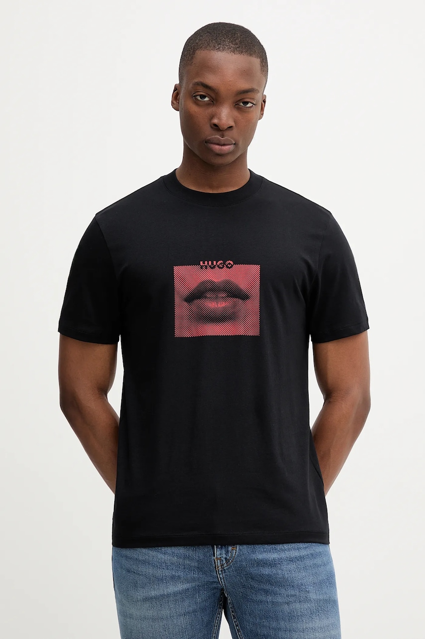 Bavlněné tričko HUGO Deterni pánské, černá barva, s potiskem, 50544496
