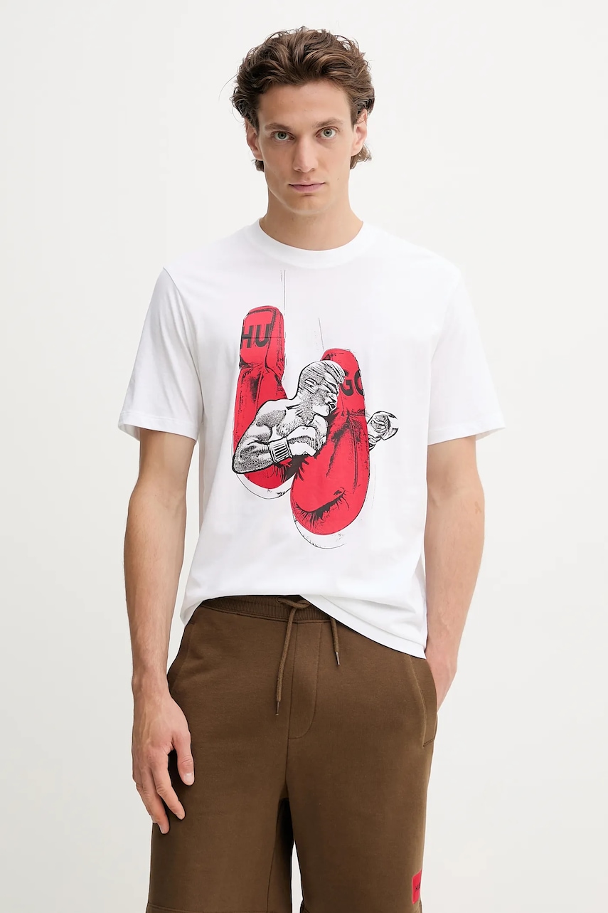 Bavlněné tričko HUGO Diboxer pánské, béžová barva, s potiskem, 50542560