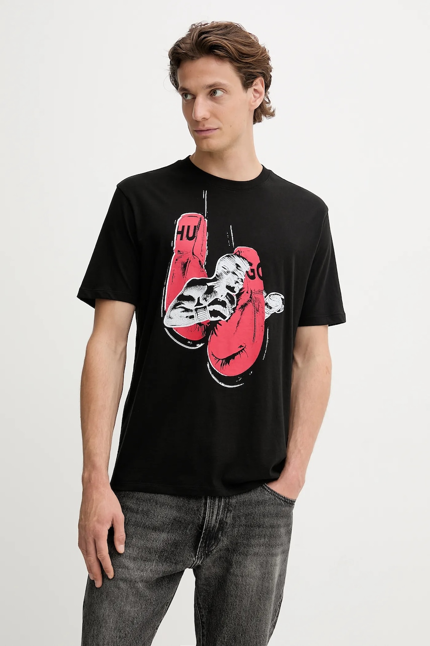 Bavlněné tričko HUGO Diboxer pánské, černá barva, s potiskem, 50542560