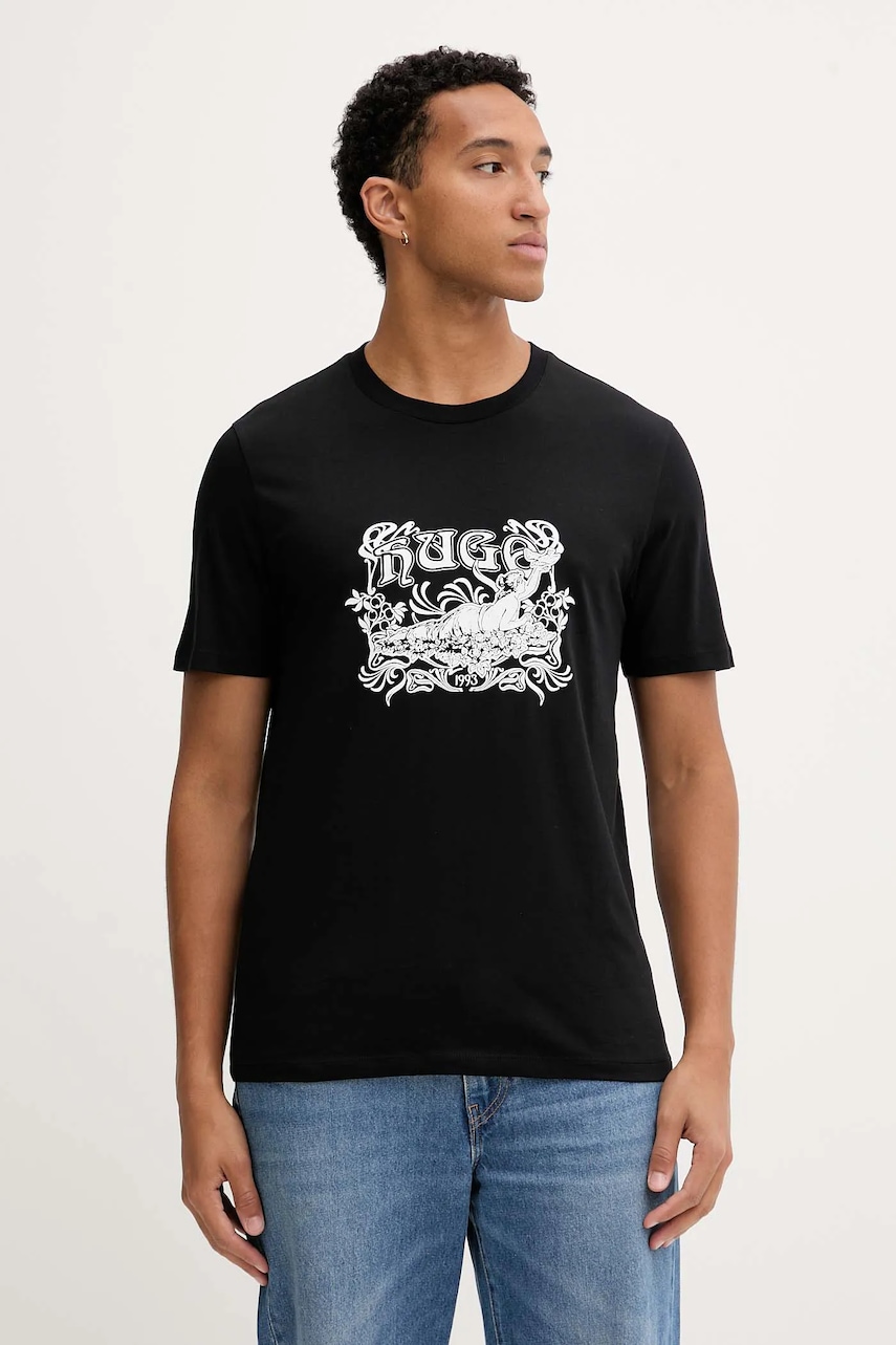 Bavlněné tričko HUGO Diwom pánské, černá barva, s potiskem, 50548565