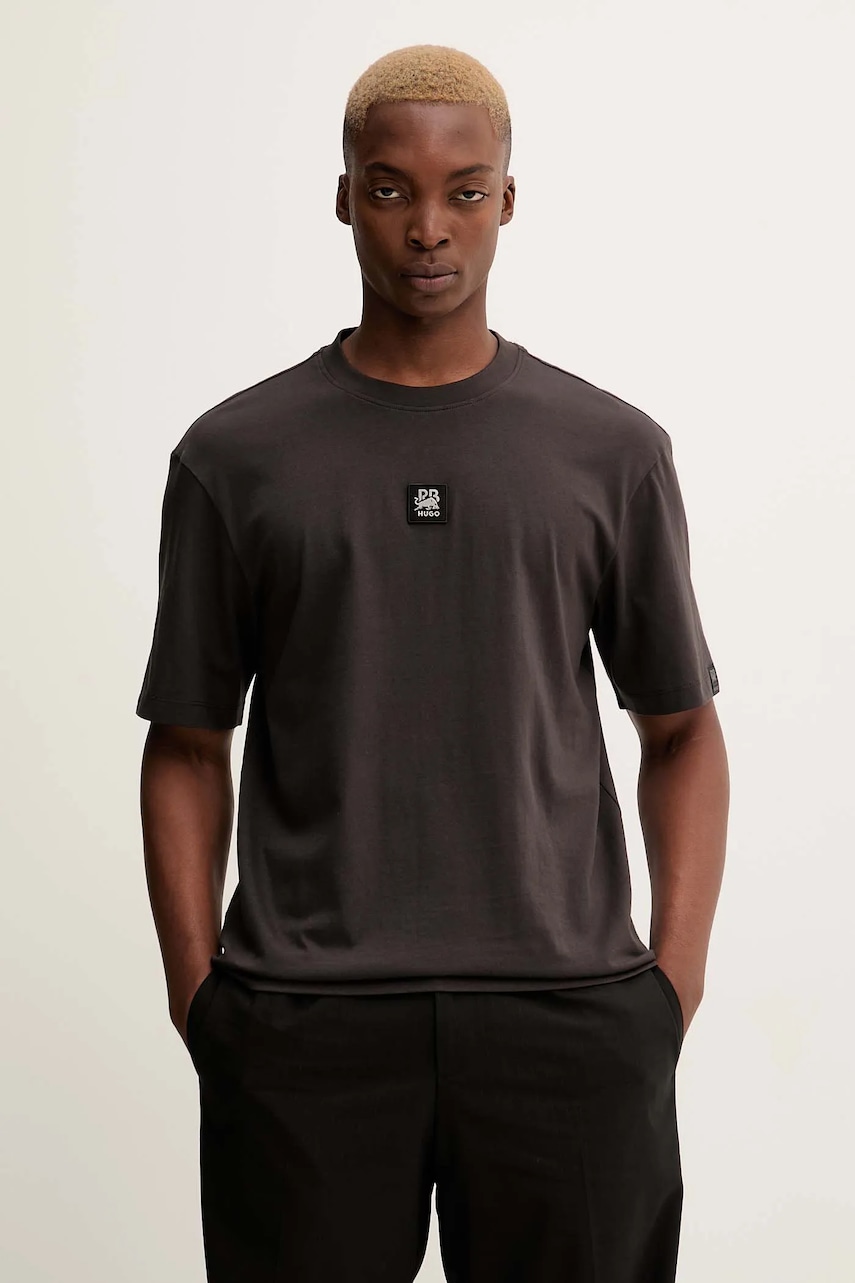 Bavlněné tričko HUGO Dogos_RB pánské, hnědá barva, s aplikací, 50549304