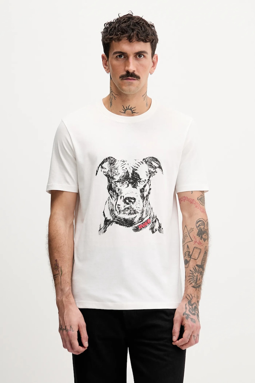 Bavlněné tričko HUGO Dubrox pánské, bílá barva, 50553779