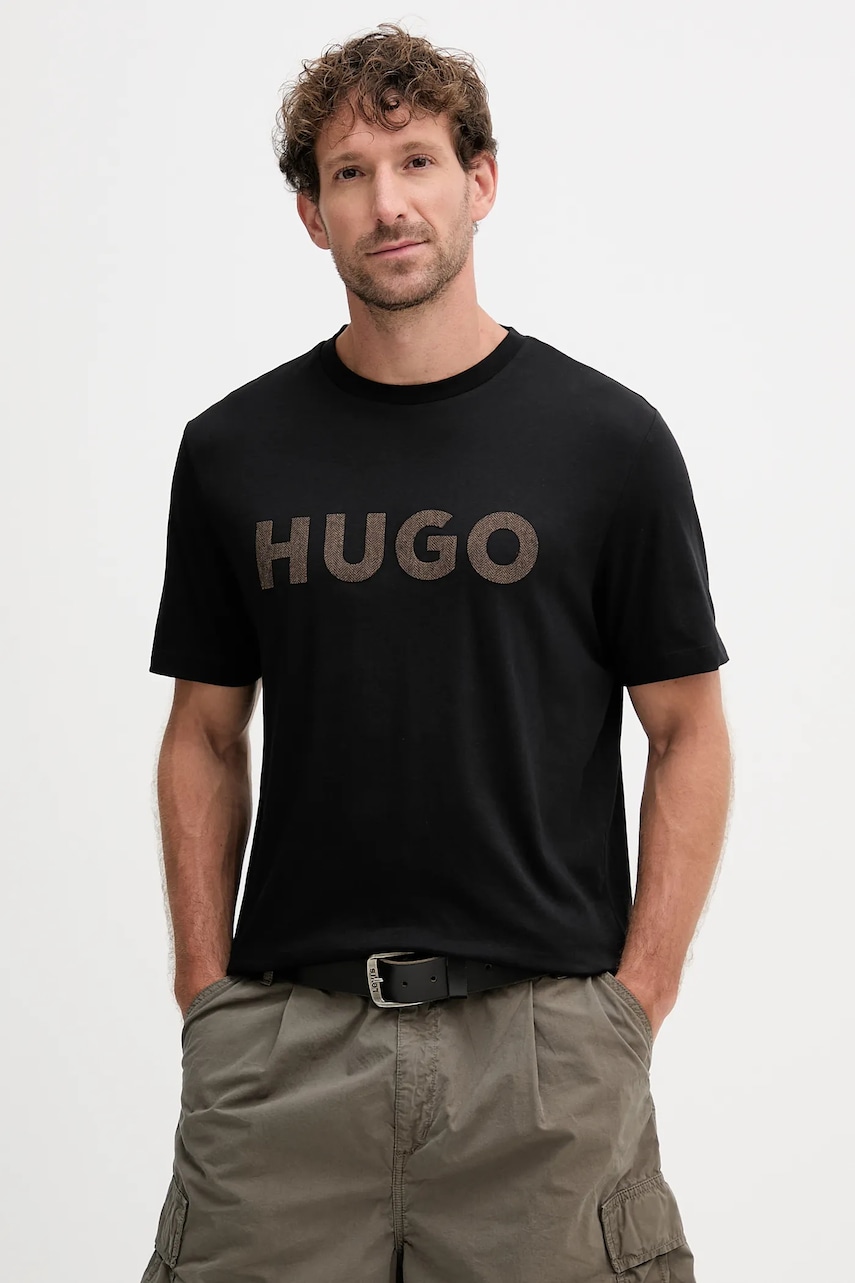 Bavlněné tričko HUGO Dulivio_U253 pánské, černá barva, s aplikací, 50542737