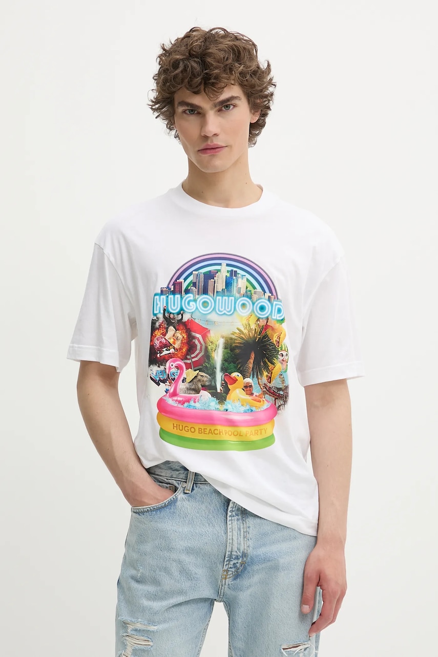 Bavlněné tričko HUGO pánské, bílá barva, s potiskem, 50538512