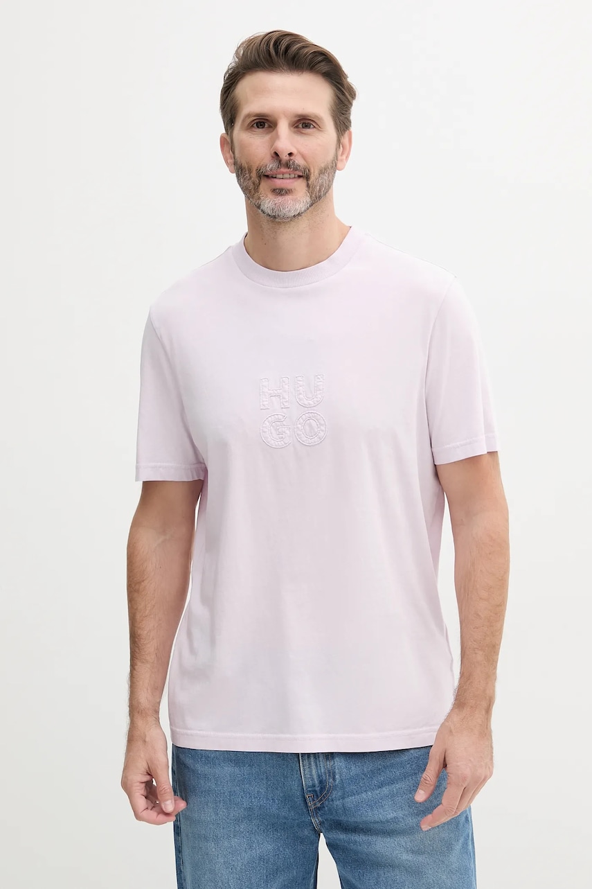 Bavlněné tričko HUGO pánské, růžová barva, s aplikací, 50535284