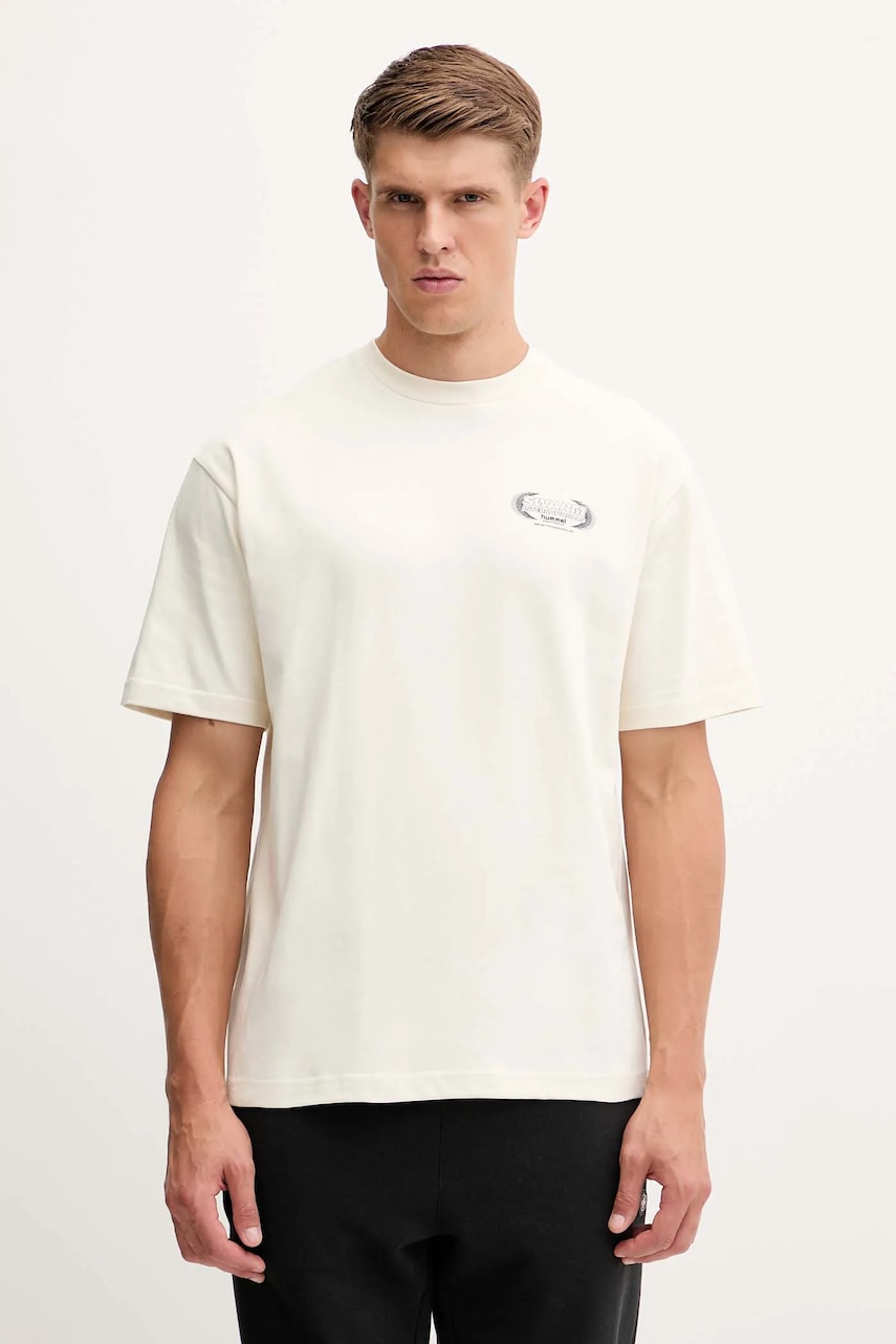 Bavlněné tričko Hummel pánské, béžová barva, s potiskem, 230029