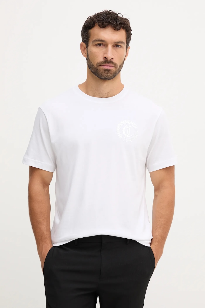 Bavlněné tričko Just Cavalli pánské, bílá barva, s potiskem, 79OAHT11 CJ500