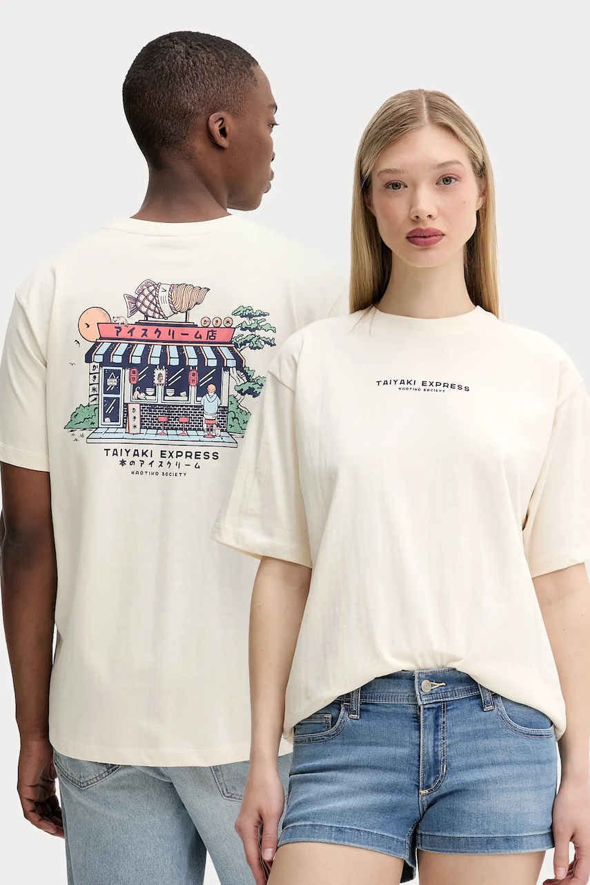 Bavlněné tričko Kaotiko béžová barva, s potiskem, AQ038-01S-G002