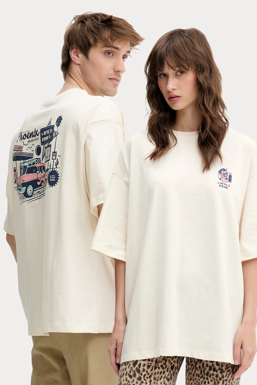 Bavlněné tričko Kaotiko béžová barva, s potiskem, AQ039-01S-G002