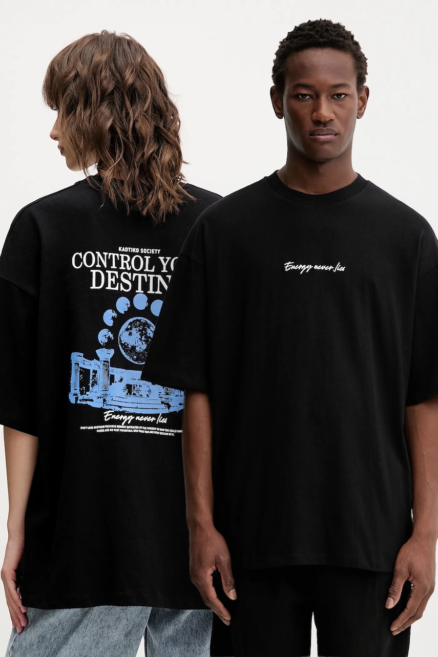 Bavlněné tričko Kaotiko černá barva, s potiskem, AR092-01-G002