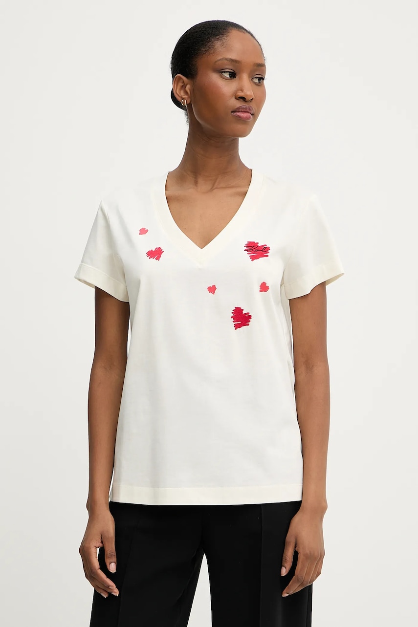 Bavlněné tričko Karl Lagerfeld dámské, béžová barva, A3W17017