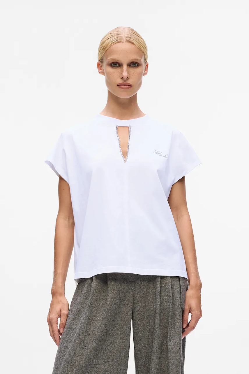 Bavlněné tričko Karl Lagerfeld dámské, bílá barva, A4W17046