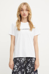 Bavlněné tričko Karl Lagerfeld ELONGATED LOGO dámské, bílá barva, A3W17102