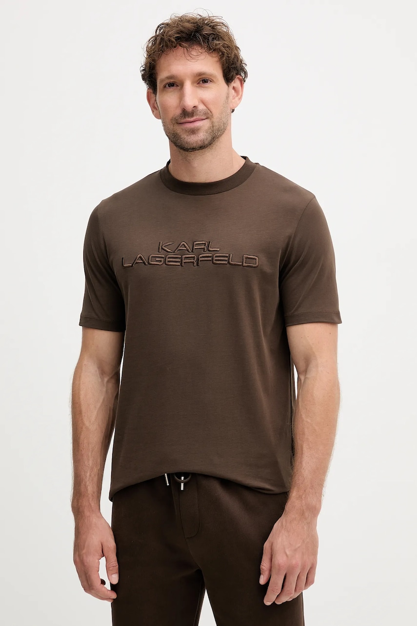 Bavlněné tričko Karl Lagerfeld pánské, hnědá barva, s aplikací, 554227.755037