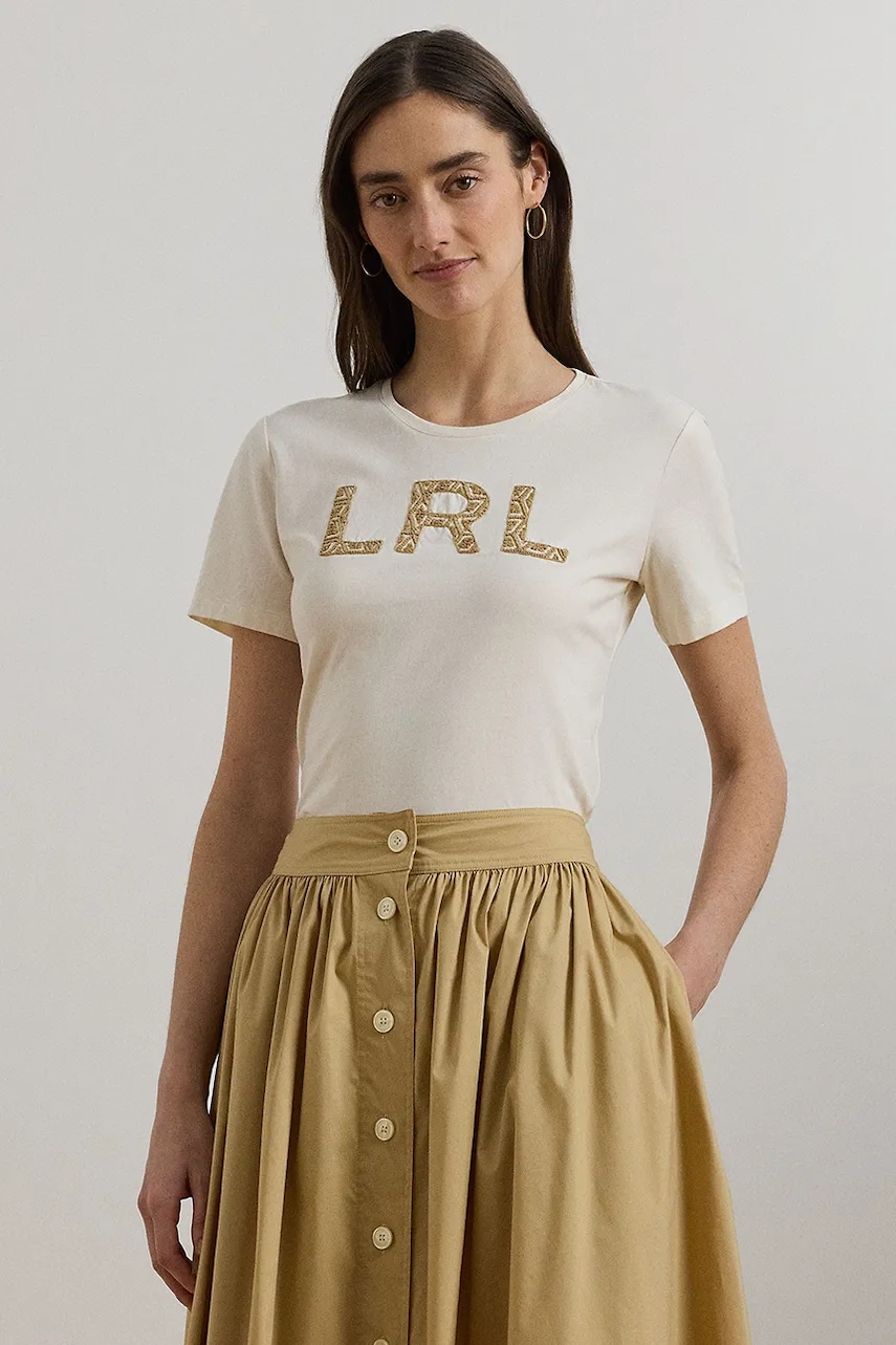 Bavlněné tričko Lauren Ralph Lauren dámské, béžová barva, 200963950