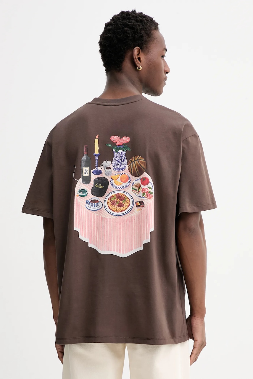 Bavlněné tričko Les Deux Cole pánské, hnědá barva, s potiskem, 1001106