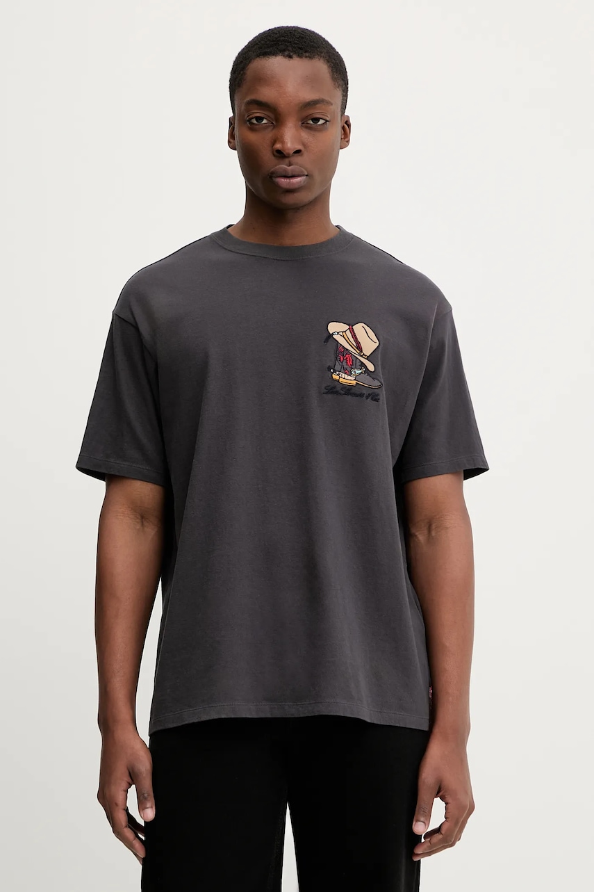 Bavlněné tričko Levi's pánské, šedá barva, s aplikací, 87373