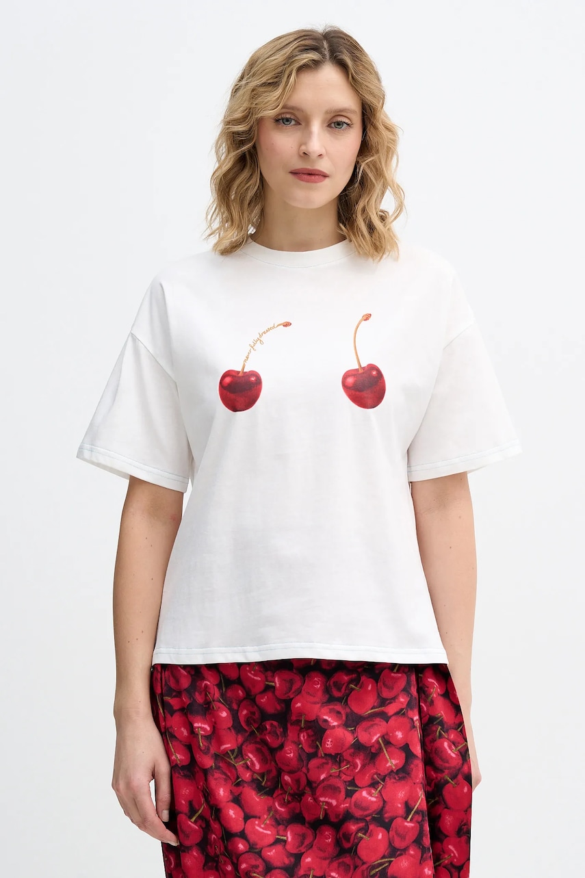 Bavlněné tričko Never Fully Dressed Cherry Boob dámské, béžová barva, NFDTO2024