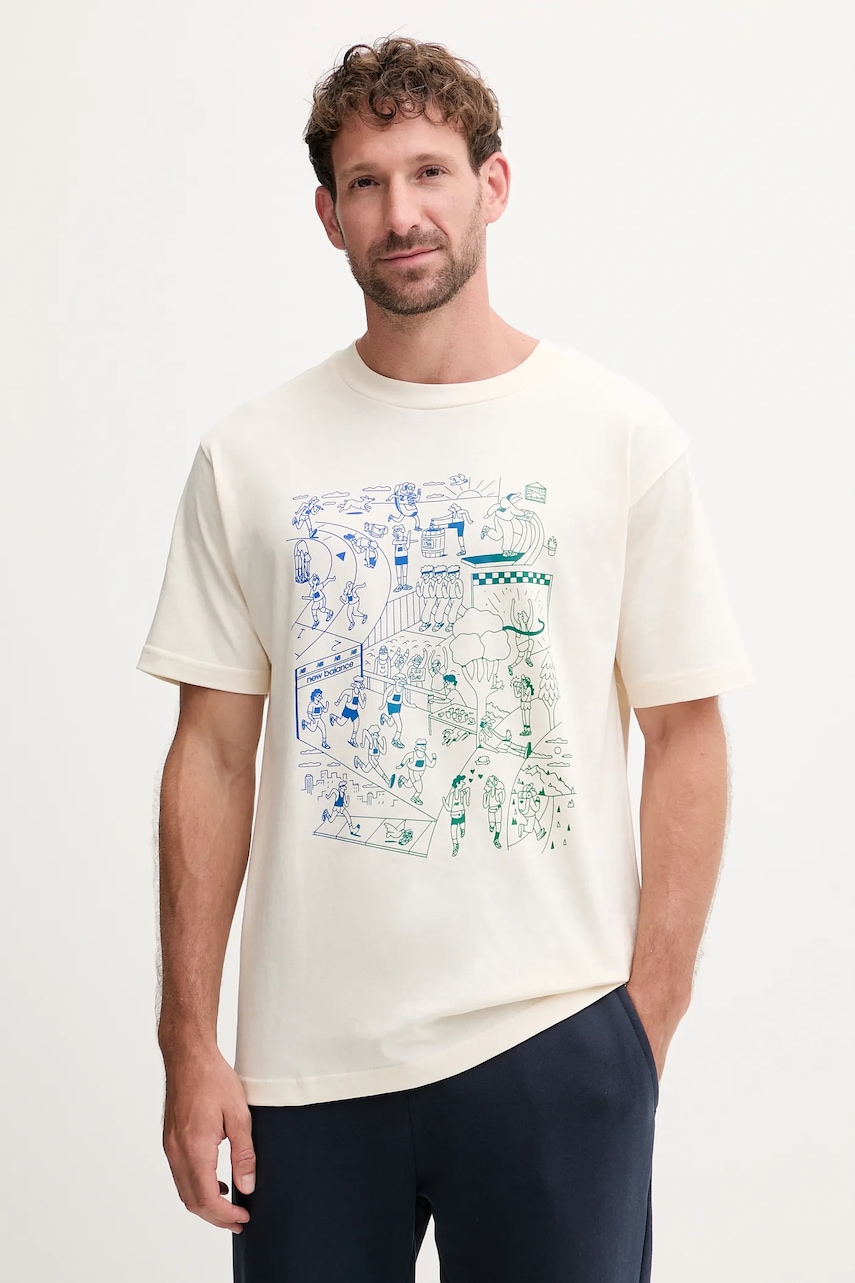 Bavlněné tričko New Balance pánské, béžová barva, MT53916PEF