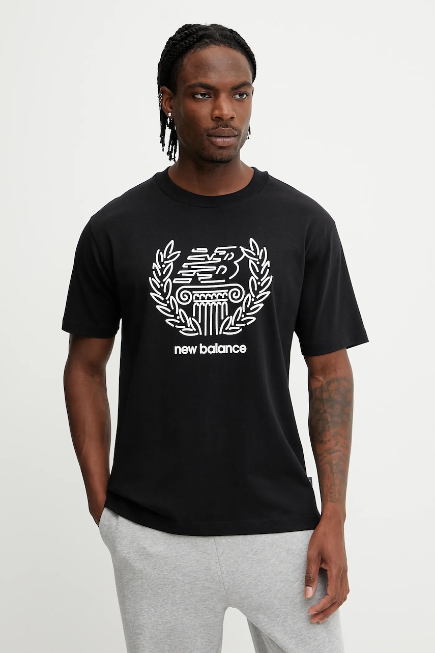 Bavlněné tričko New Balance pánské, černá barva, s potiskem, MT51974BK